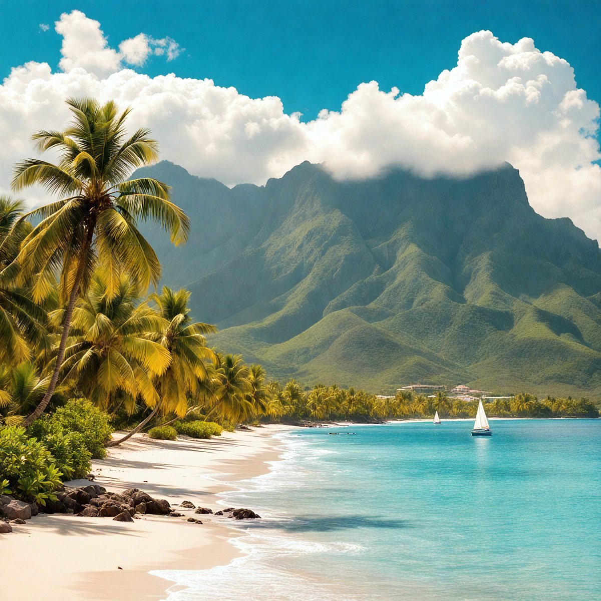 The primary subject of the image is a beach scene with a white sandy shore and a blue ocean. The setting includes a mountain range in the background, adding to the picturesque scenery. The visual style of the image is a photo, capturing the natural beauty of the beach and the ocean. The colors and mood of the image are predominantly warm and inviting, with the white sand and blue water creating a serene and relaxing atmosphere.